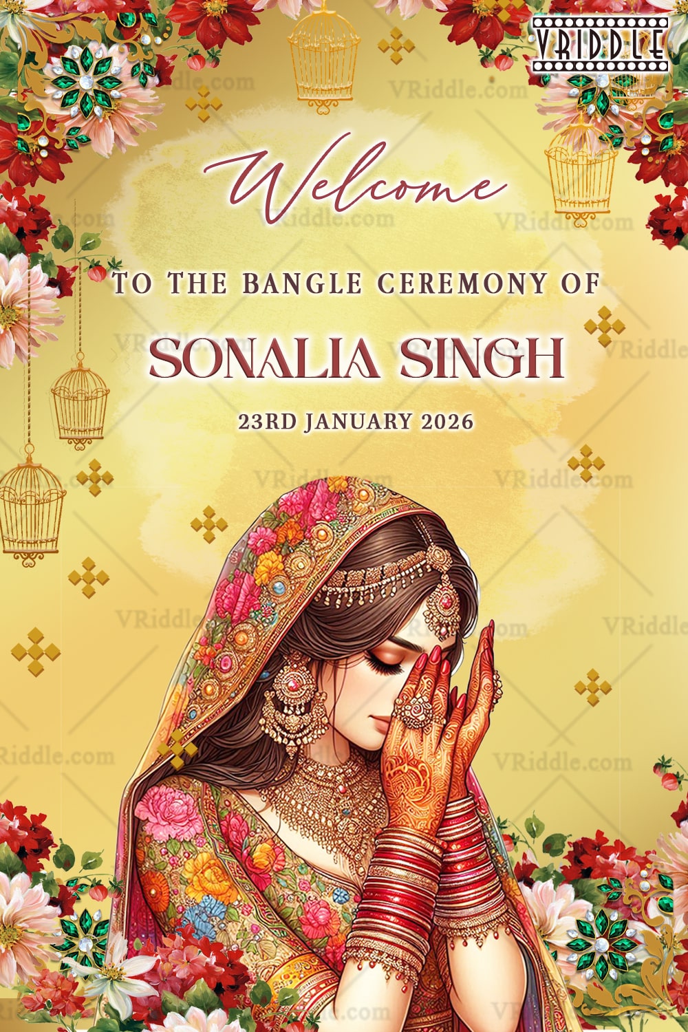 Bangle Ceremony Celebration with Bride Illustration in Golden and Red Floral Theme