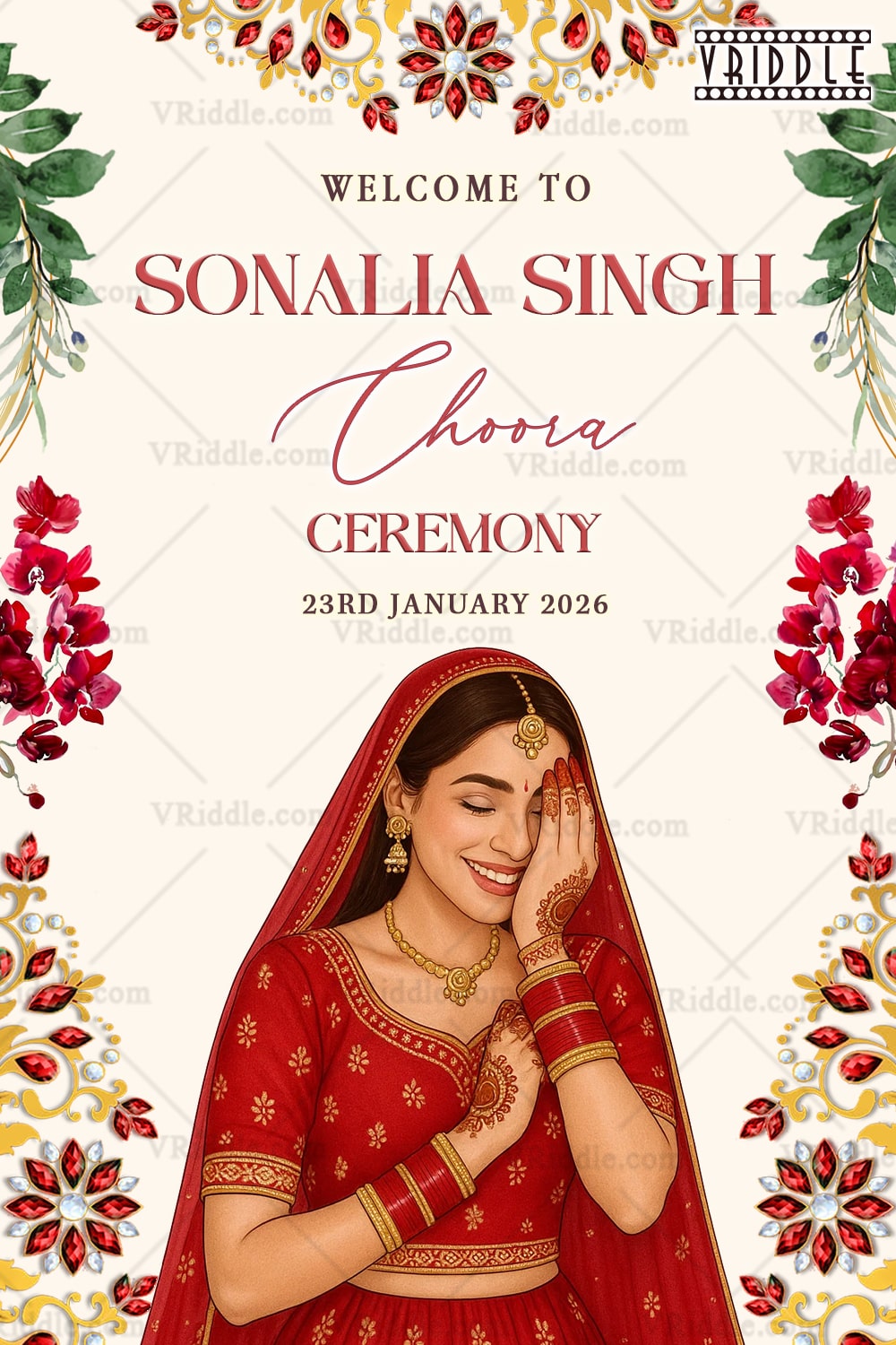 Floral Choora Ceremony Welcome Sign Board Bride Illustration with White Background and Red Accents