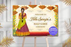 Traditional Welcome Sign Board for Half Saree Ceremony – Girl in Bright Lehenga with Floral Décor & Umbrella Motif