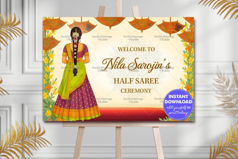 Traditional Welcome Sign Board for Half Saree Ceremony – Girl in Bright Lehenga with Floral Décor & Umbrella Motif