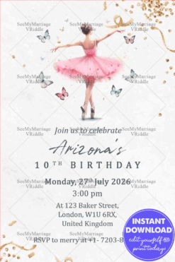 Butterfly Themed Ballerina Birthday Party Invitation