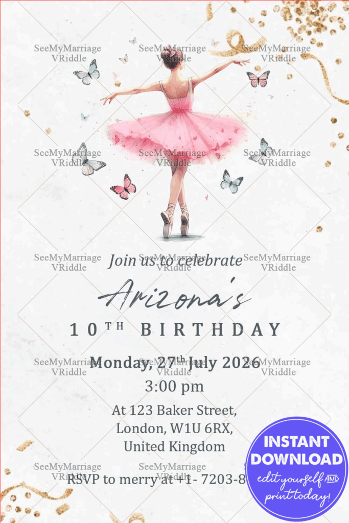 Butterfly Themed Ballerina Birthday Party Invitation