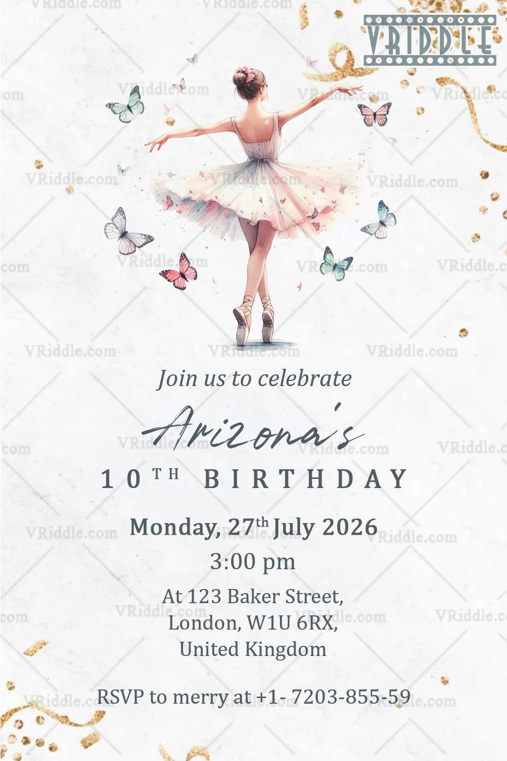 Butterfly themed Ballerina Birthday Party Invitation