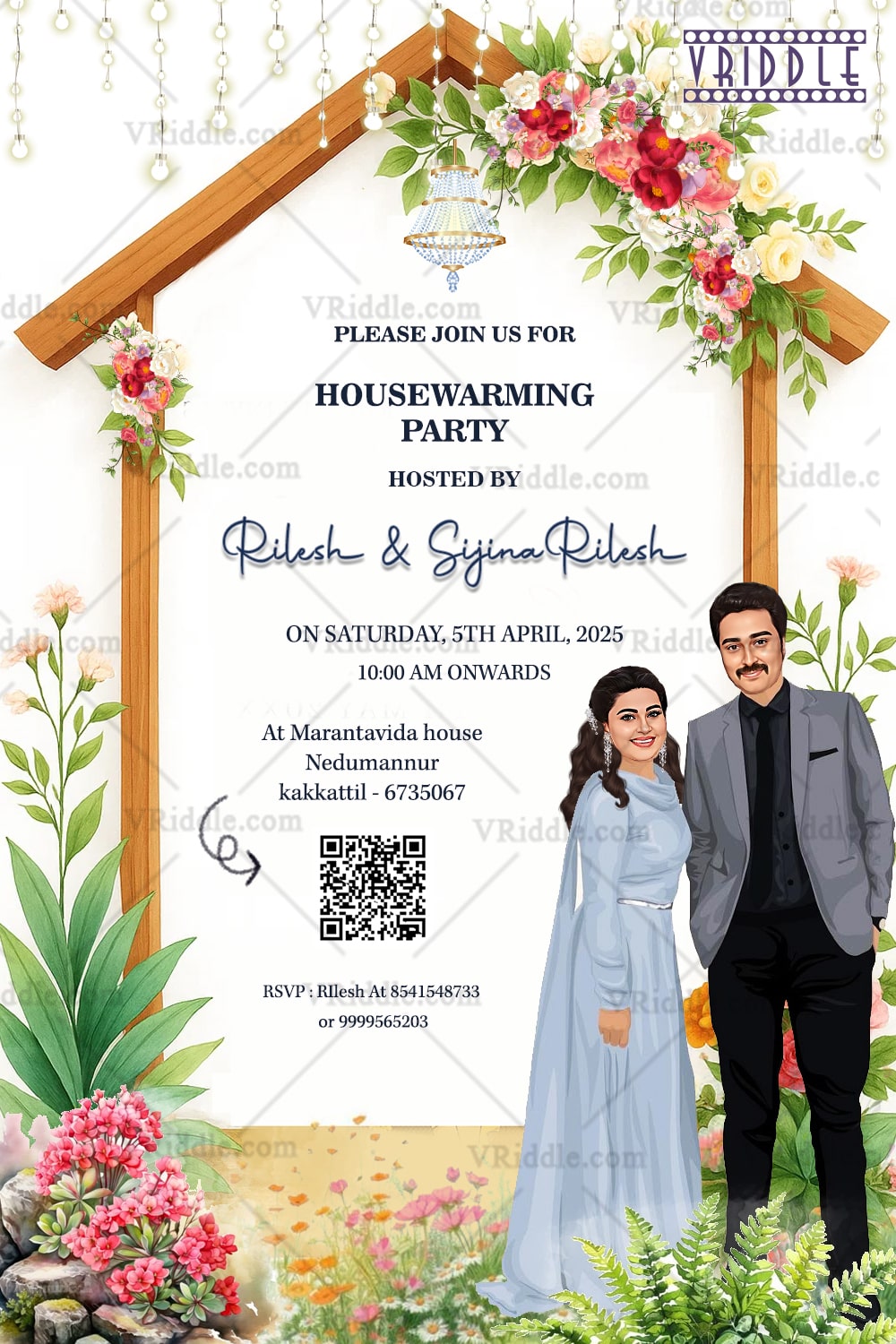 Charming Couple Caricature Housewarming Invite Wooden House Frame with Floral Accents