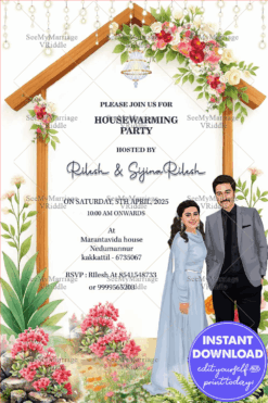 Charming Couple Caricature Housewarming Invite Wooden House Frame with Floral Accents