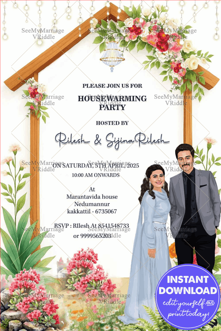 Charming Couple Caricature Housewarming Invite Wooden House Frame with Floral Accents