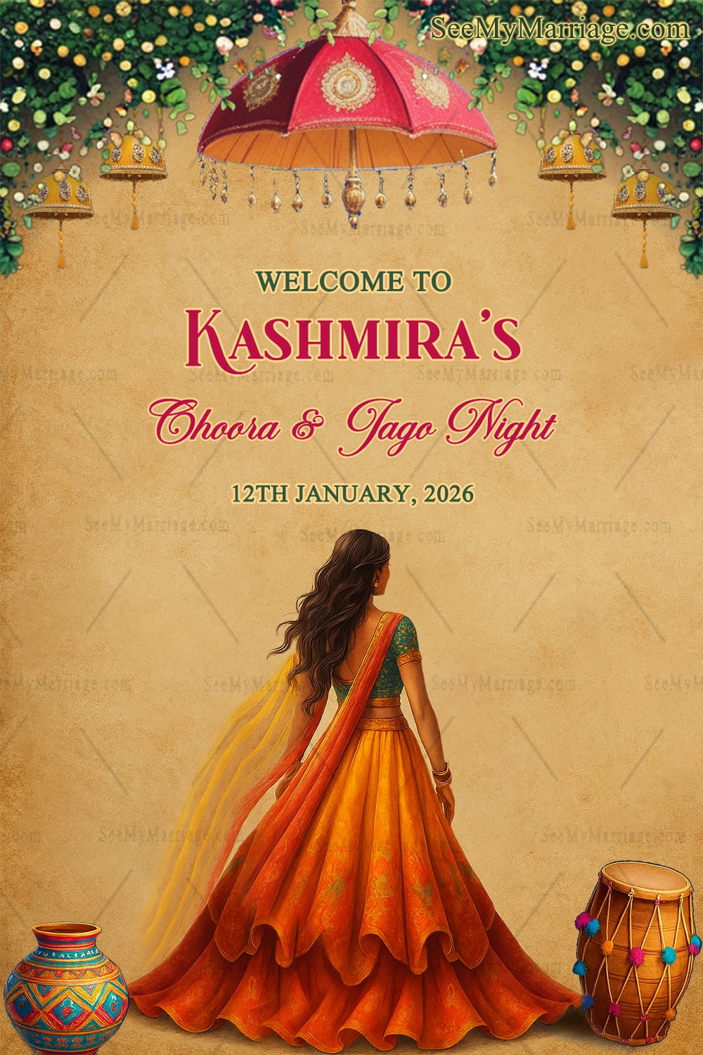 Choora & Jago Night Welcome Sign Bord with Bride in Back Pose and Umbrella, Dhol