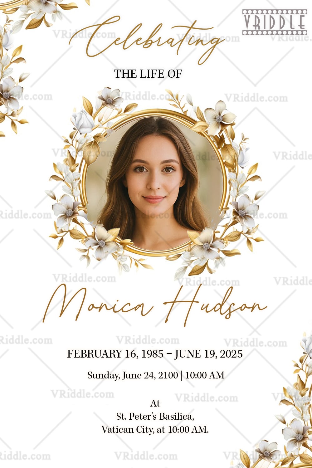 Christian Funeral Invitation Card Gold Floral Frame with Photo Option Memorial Design