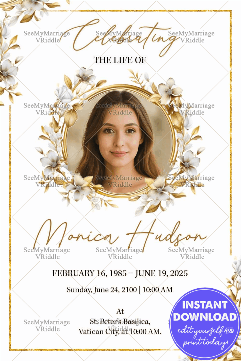 Christian Funeral Invitation Card Gold Floral Frame with Photo Option Memorial Design
