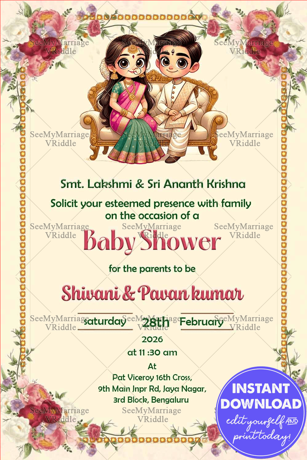 Classic Floral Traditional Baby Shower Invitation with Seated Couple Illustration in Cream Theme