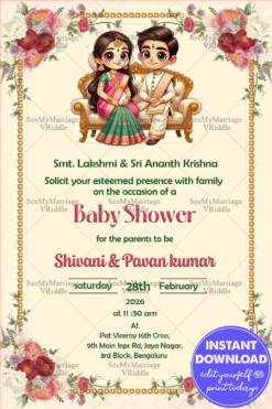Classic Floral Traditional Baby Shower Invitation with Seated Couple Illustration in Cream Theme