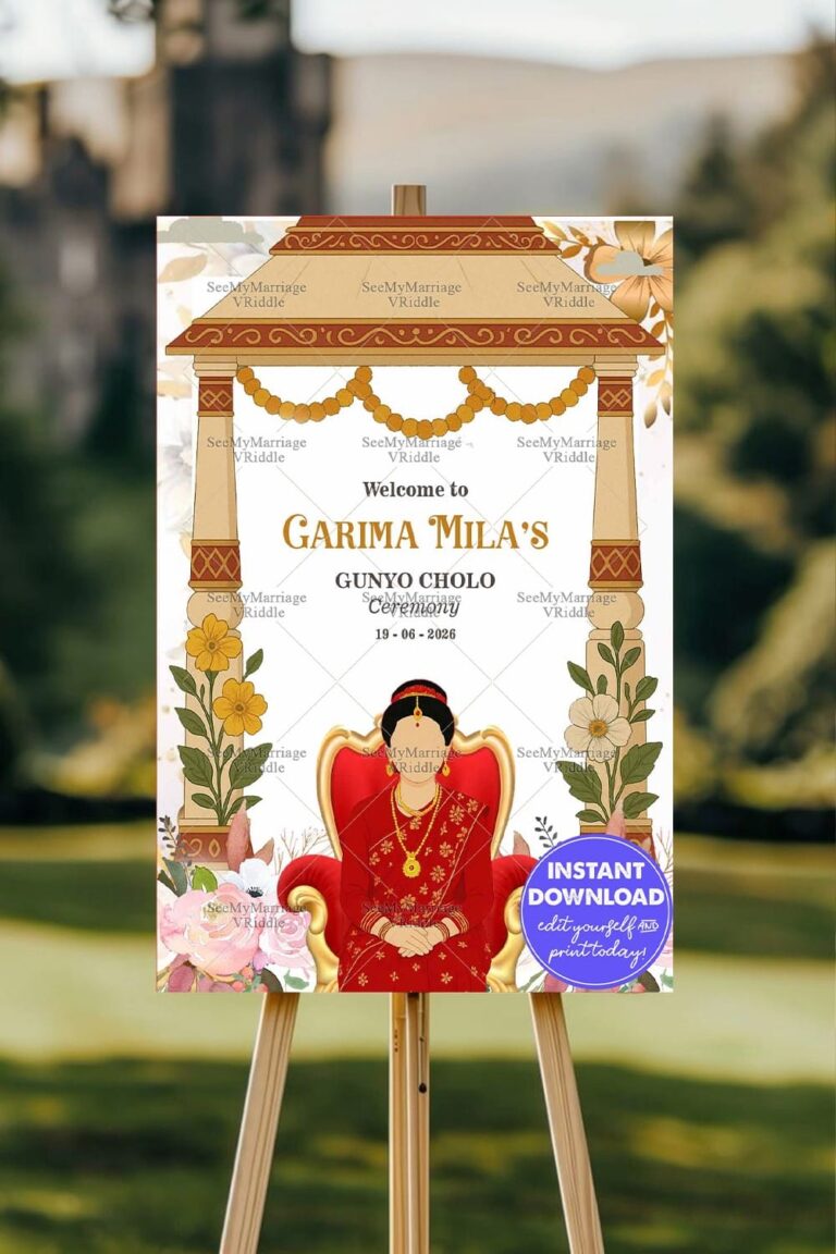 Gunyo Cholo Ceremony Welcome Sign Board with Seated Girl in Red Sari