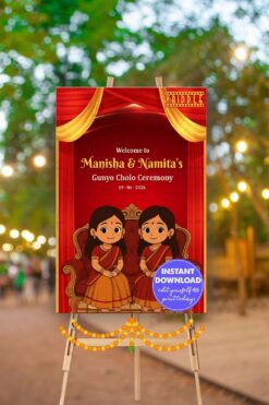 Twin Sister in Sari Gunyo Cholo Ceremony Welcome Sign Board with Red Theme and Royal Sofa