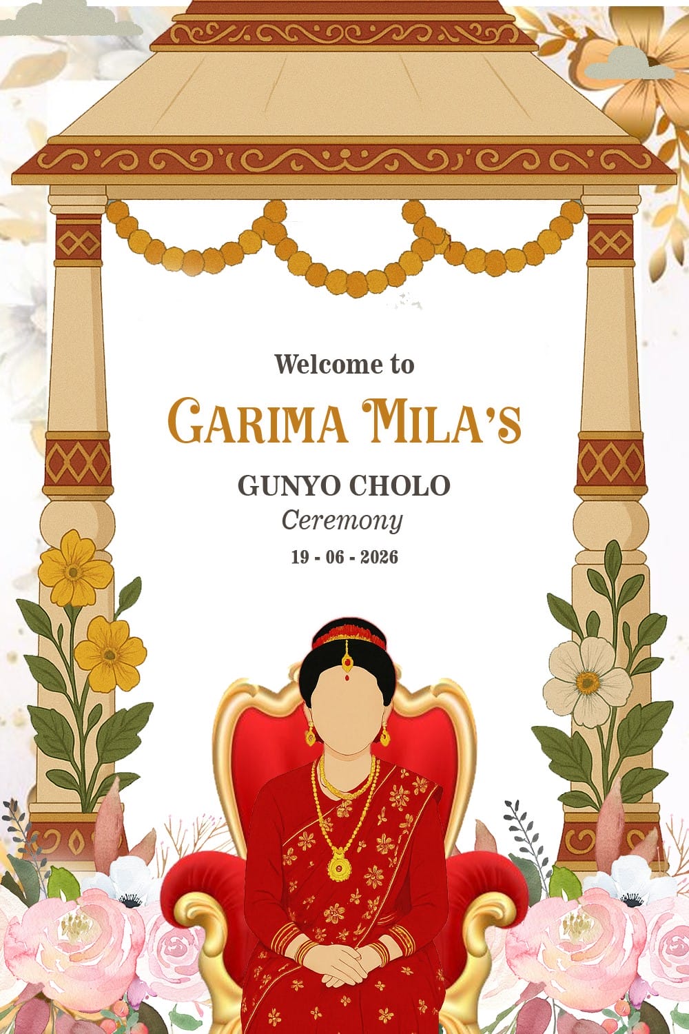 Gunyo Cholo Ceremony Welcome Sign Board with Seated Girl in Red Sari