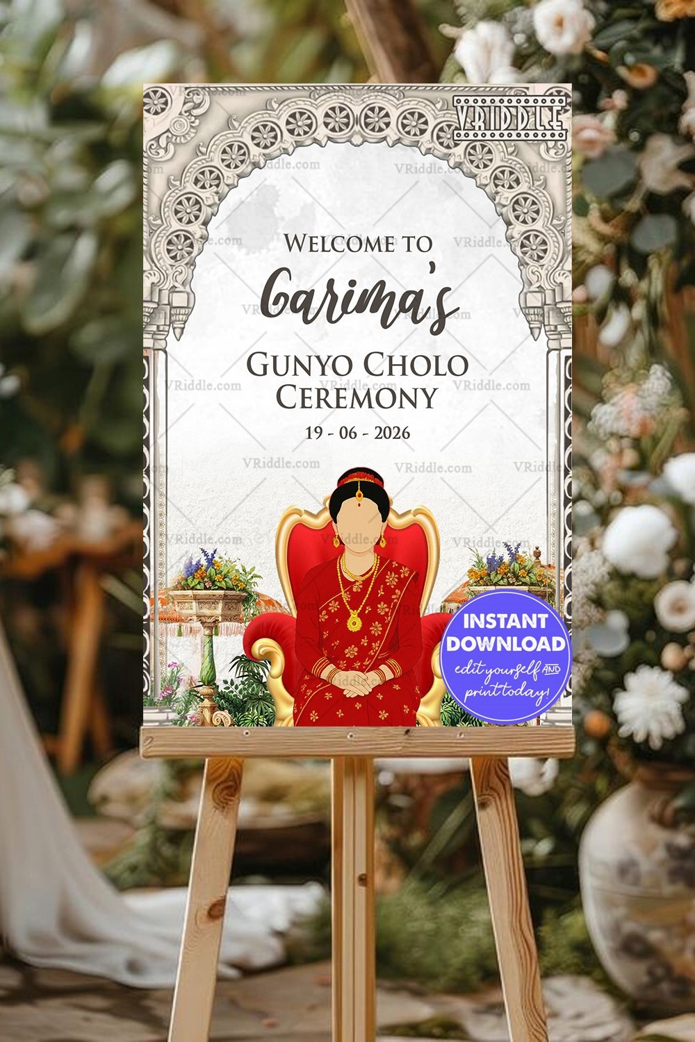 Gunyo Cholo Welcome Sign Board with Traditional Arch and Seated Girl Illustration