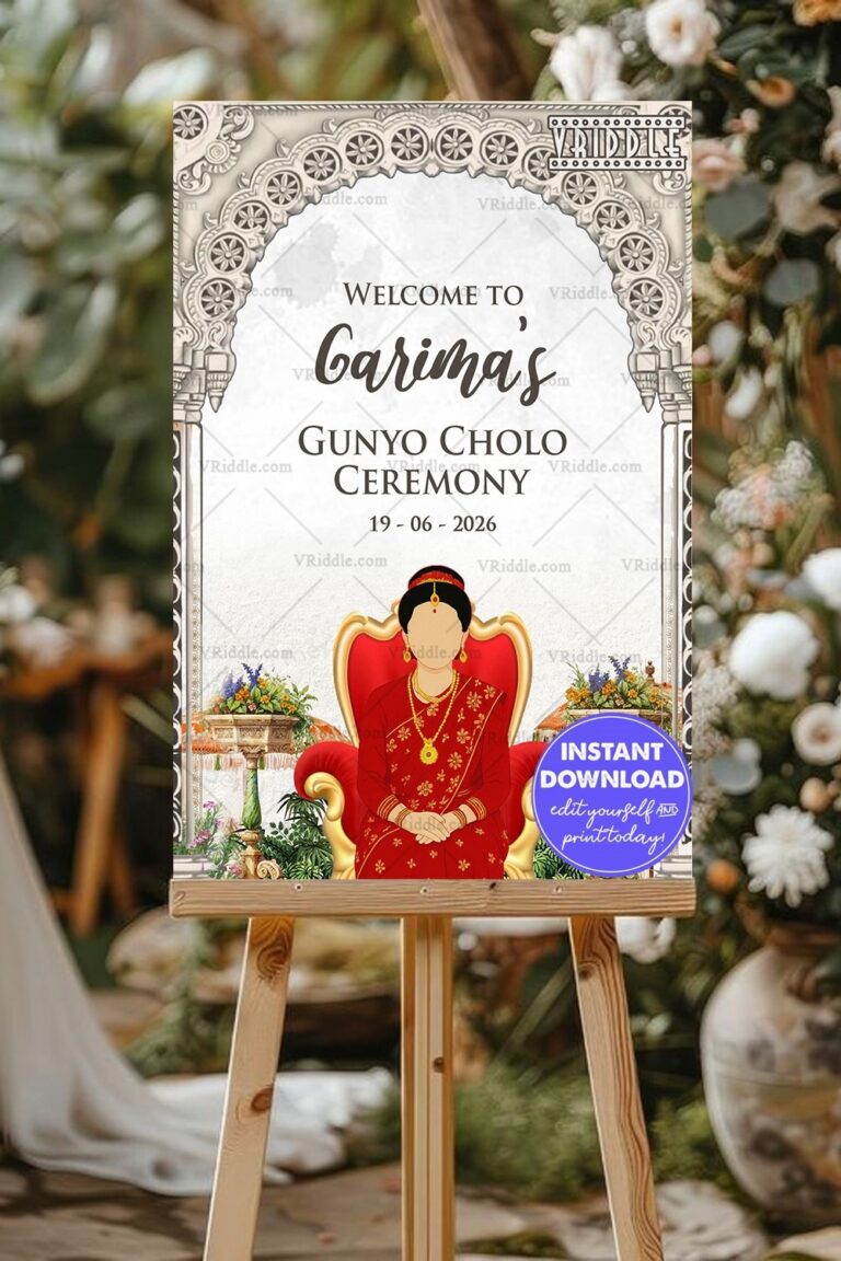 Gunyo Cholo Welcome Sign Board with Traditional Arch and Seated Girl Illustration