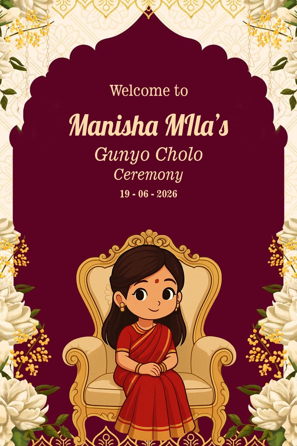 Red Sari Gunyo Cholo Ceremony Welcome Sign Board with Ghibli Maroon Background and Floral Arch