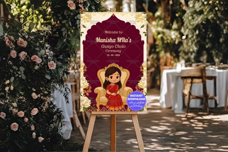 Red Sari Gunyo Cholo Ceremony Welcome Sign Board with Ghibli Maroon Background and Floral Arch