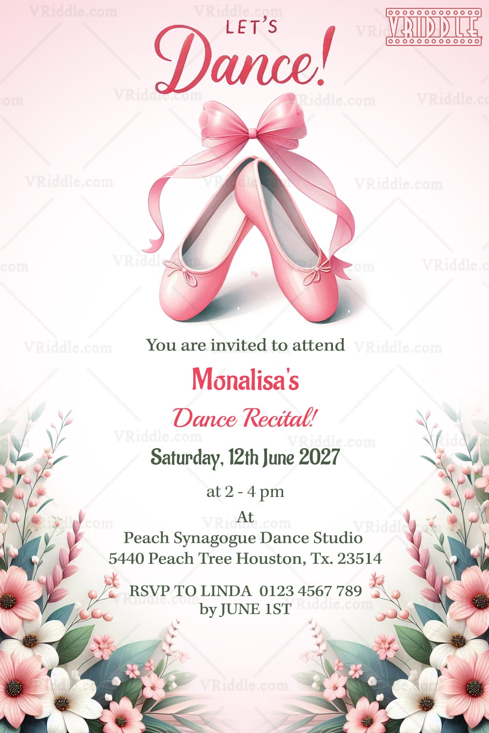 Dance Recital Invitation Card with Pink Ballet Shoes Tied with ribbon bow and Floral Accents