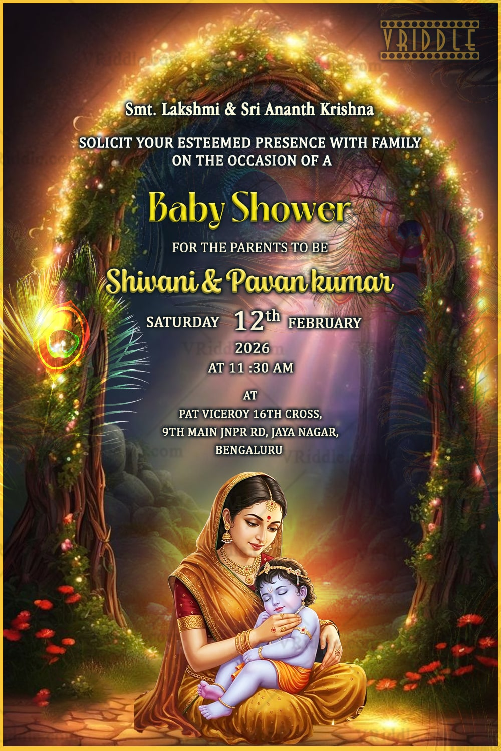 Divine Baby Shower Invitation Featuring Yashoda-Krishna Theme with Traditional Illustration