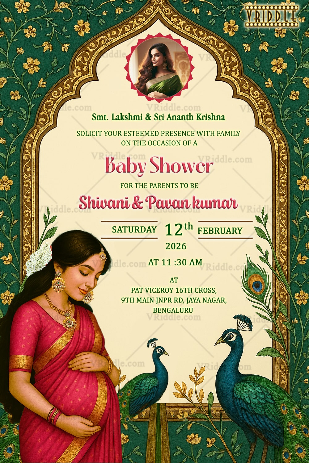 Elegant Baby Shower Invitation Featuring Traditional Pink-Green Theme with Floral Arch & Peacock Illustration