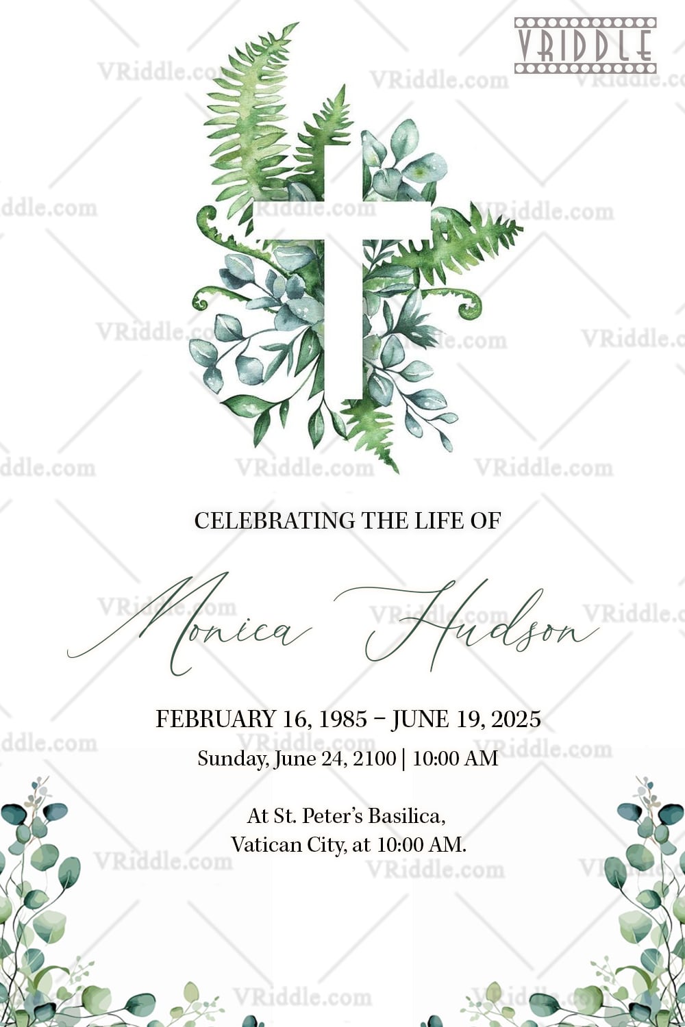 Elegant Greenery Christian Funeral Card Design Minimalist Aesthetic with Soft Leaf Motifs