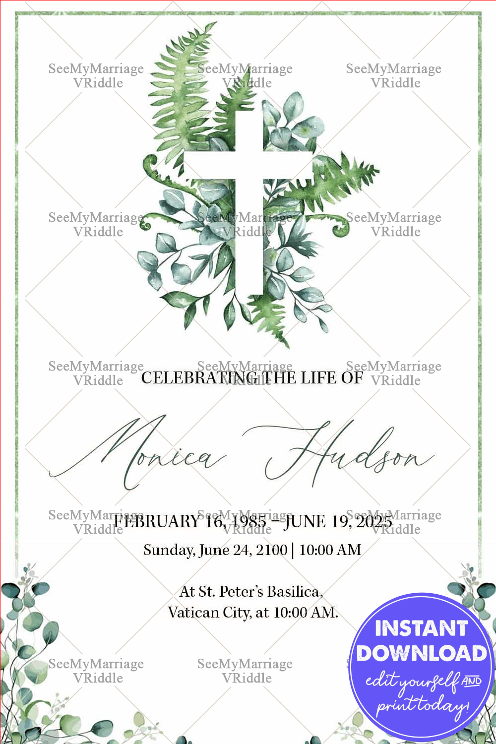 Elegant Greenery Christian Funeral Card Design Minimalist Aesthetic with Soft Leaf Motifs