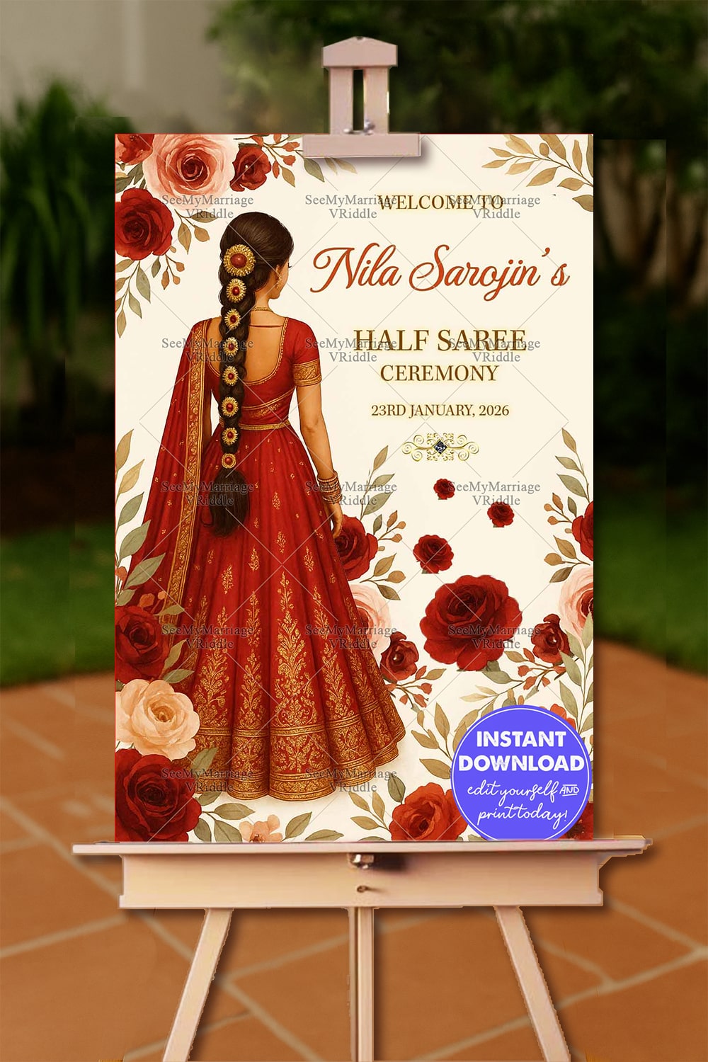 Elegant Welcome Sign Board for Half Saree Ceremony – Featuring Girl in Red, Rose Blooms & Gold Accents