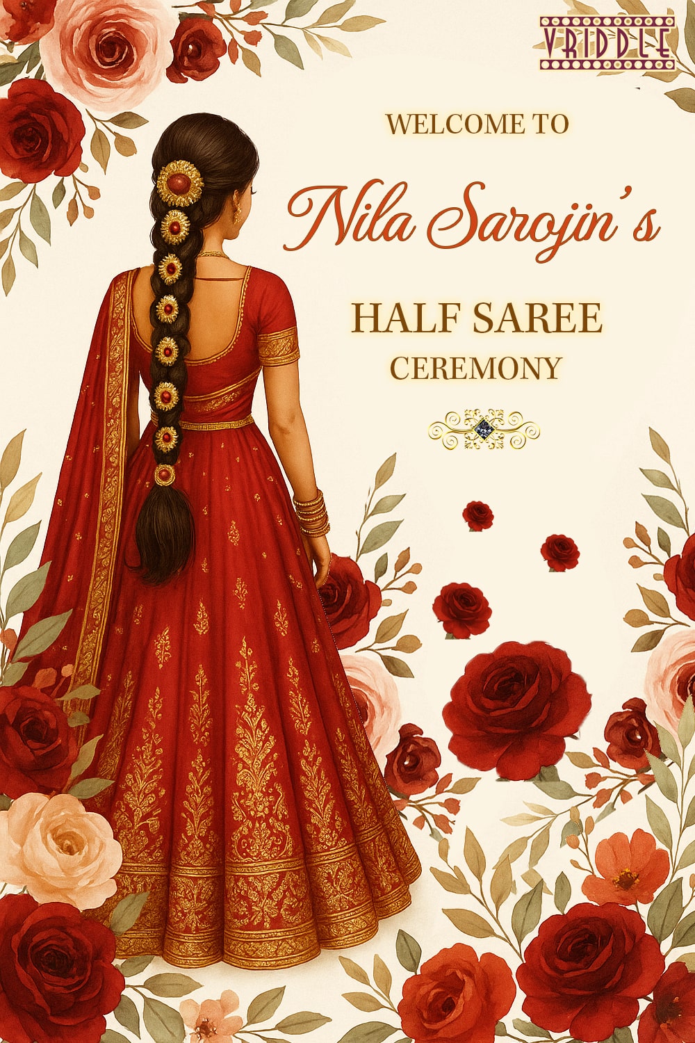 Elegant Welcome Sign Board for Half Saree Ceremony – Featuring Girl in Red, Rose Blooms & Gold Accents
