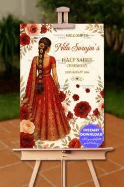Elegant Welcome Sign Board for Half Saree Ceremony – Featuring Girl in Red, Rose Blooms & Gold Accents