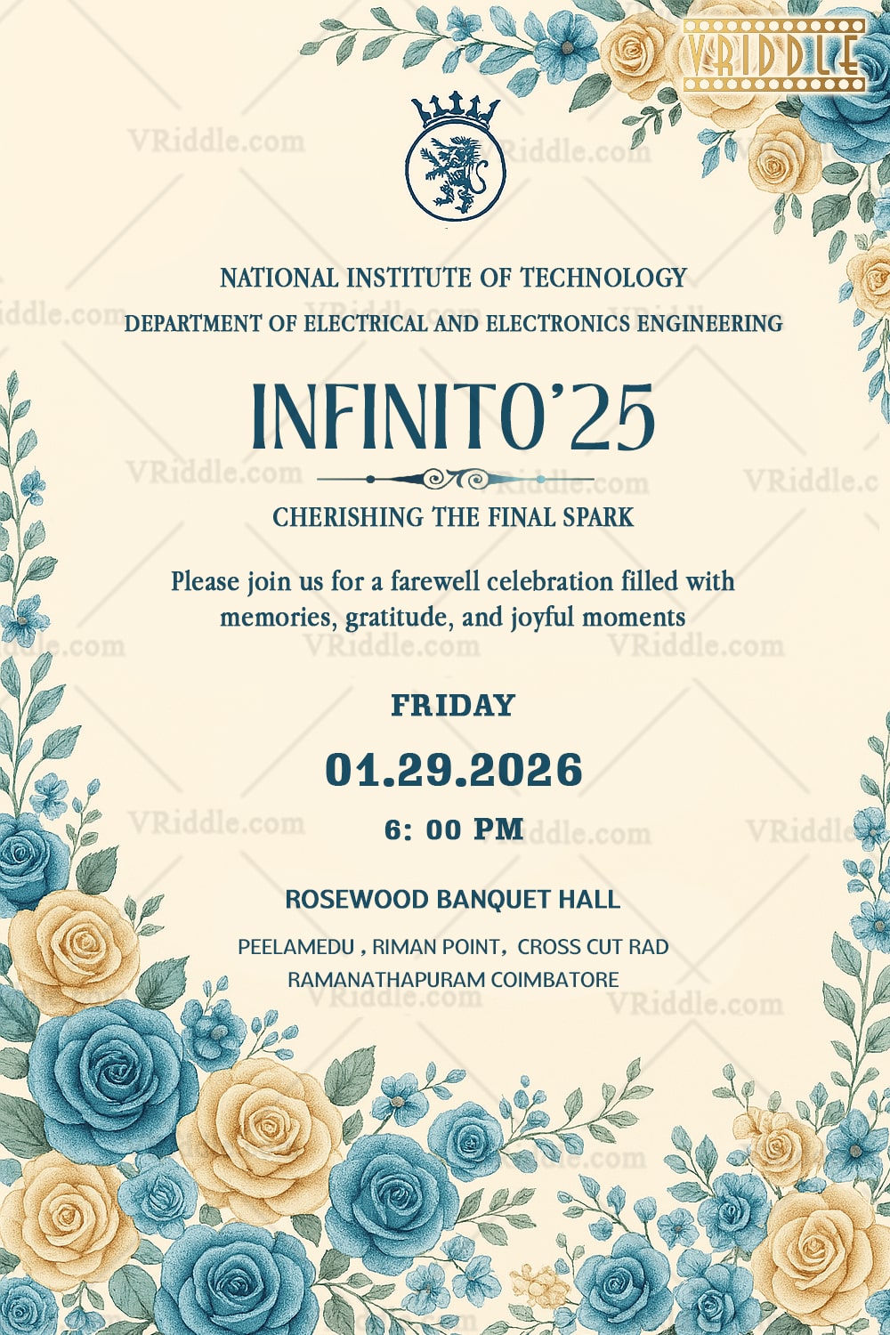Farewell Invitation in cream background with soft blue and golden-yellow floral illustrations