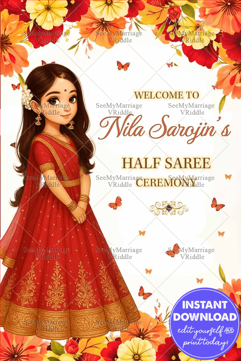 Floral Welcome Board Design for Half Saree Ceremony – Adorable Girl Illustration in Red Theme