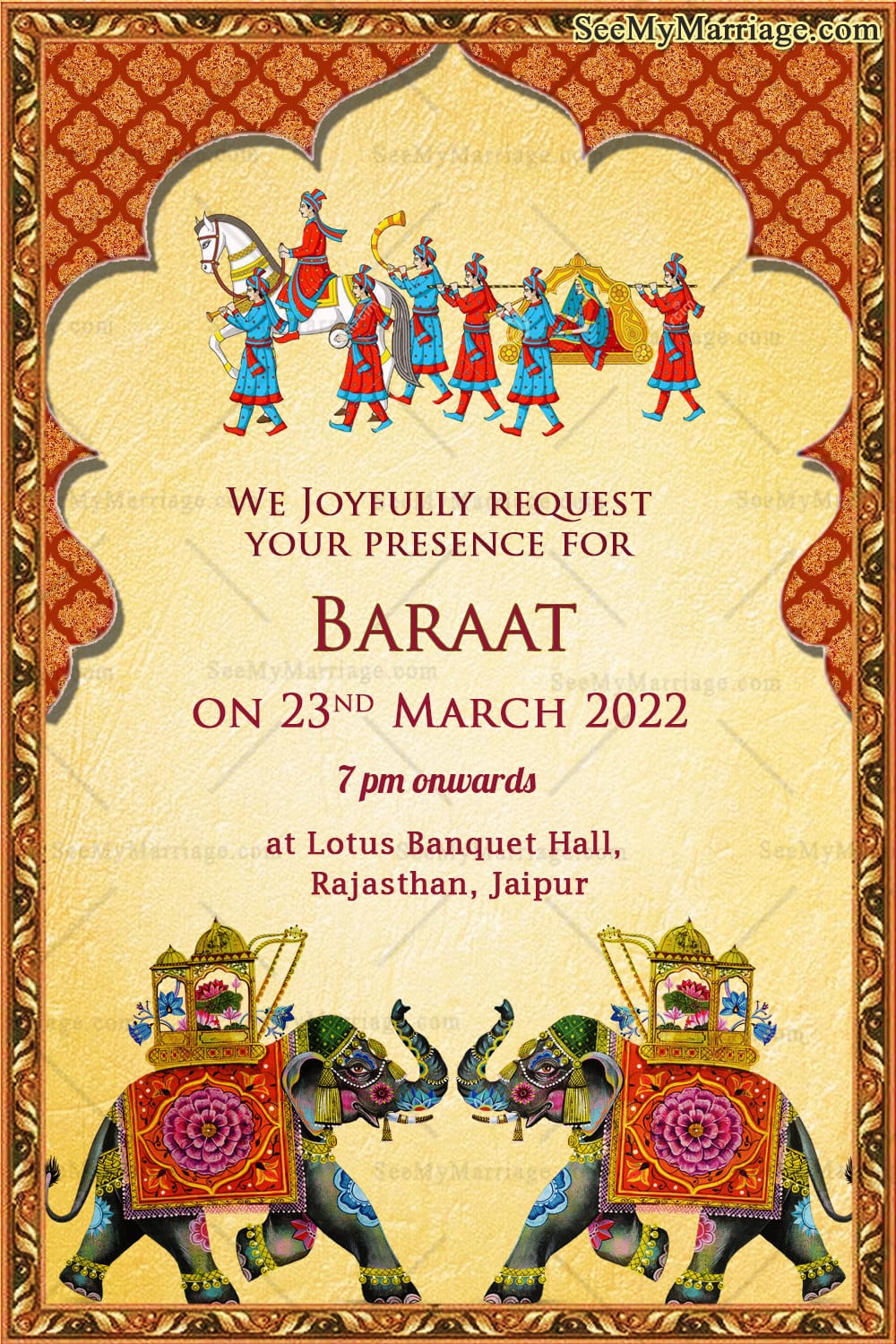 Rajasthani Theme Wedding Invitation Suite with Royal Elephant Motifs and Mehndi, Sangeeth, Baraat, Phere