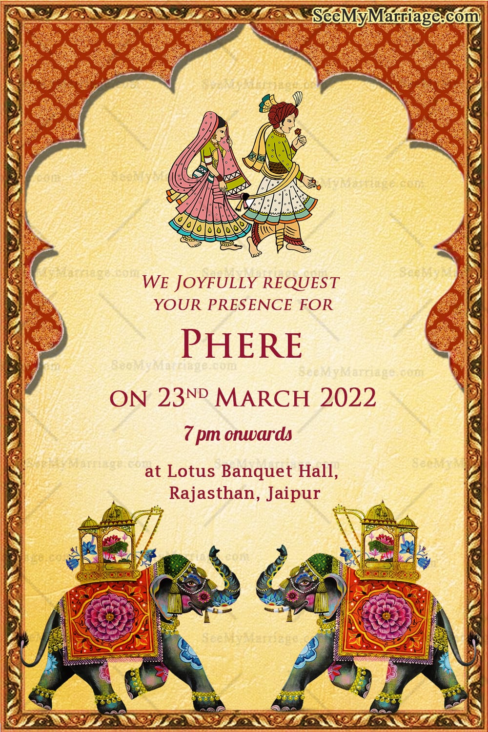 Rajasthani Theme Wedding Invitation Suite with Royal Elephant Motifs and Mehndi, Sangeeth, Baraat, Phere