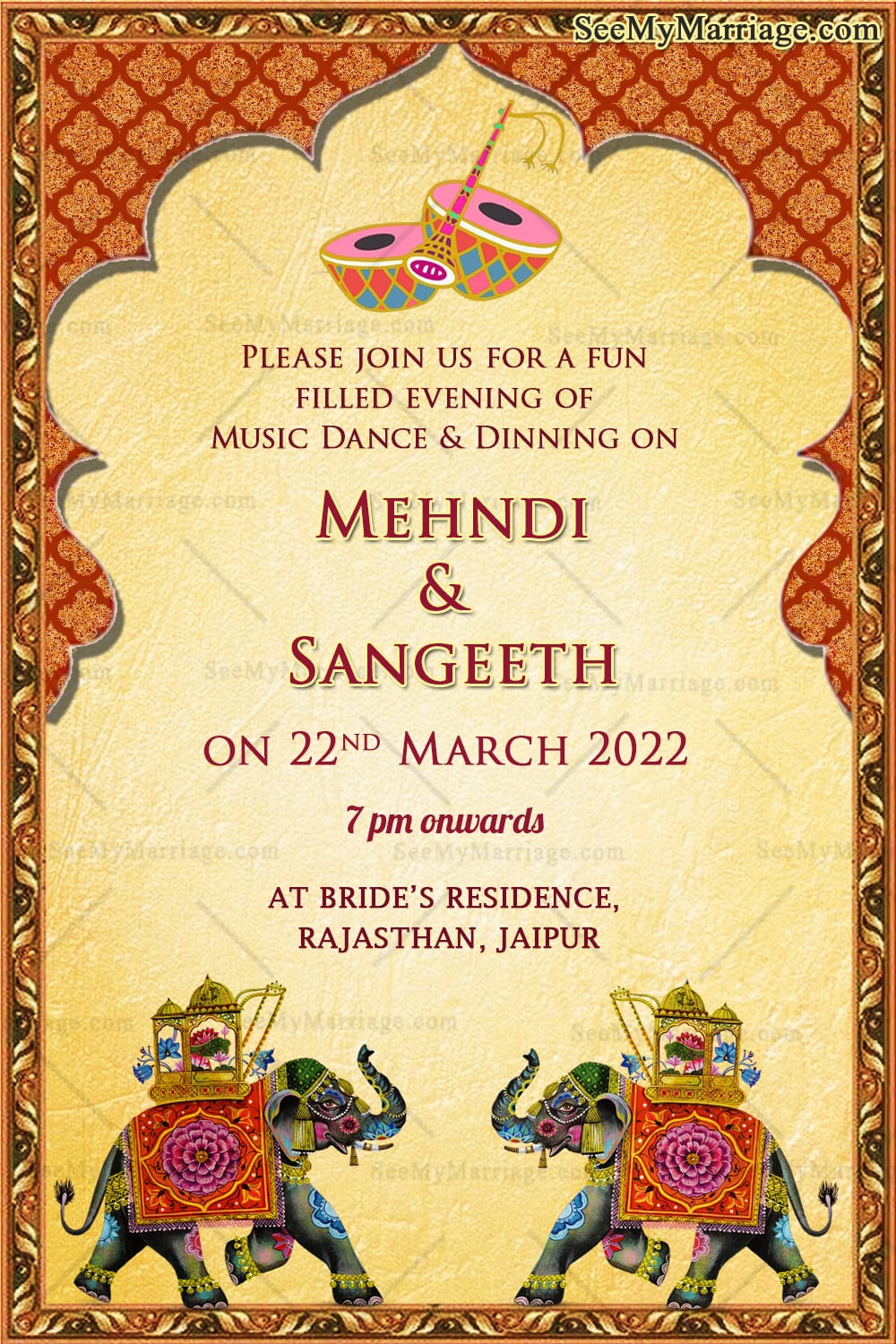 Rajasthani Theme Wedding Invitation Suite with Royal Elephant Motifs and Mehndi, Sangeeth, Baraat, Phere