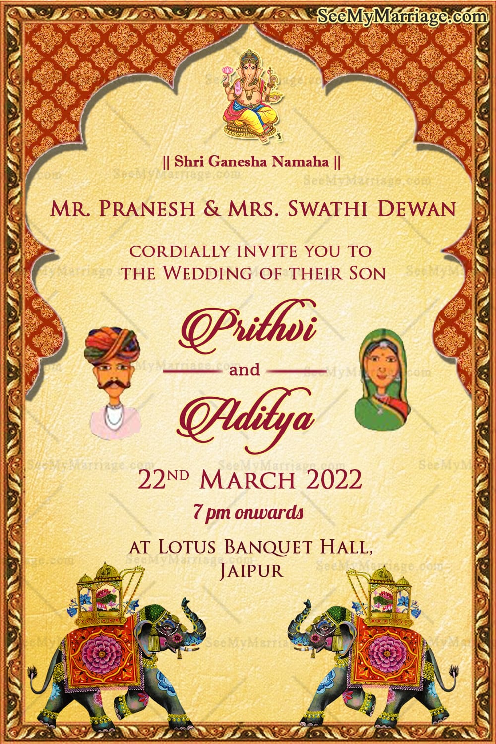 Rajasthani Theme Wedding Invitation Suite with Royal Elephant Motifs and Mehndi, Sangeeth, Baraat, Phere