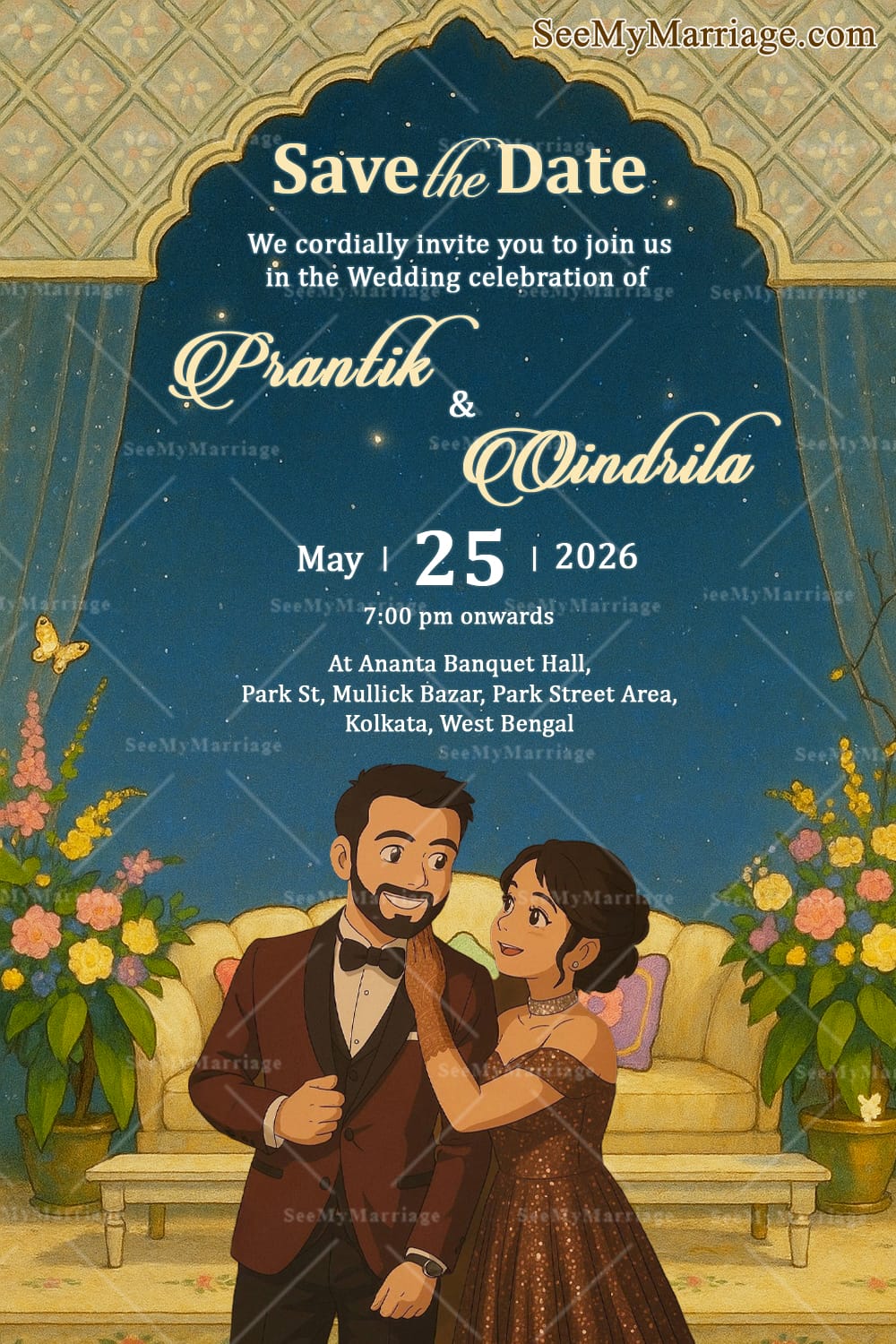 Ghibli Couple Illustrated Wedding Save the Date Invitation Card with Lush Floral Arrangements