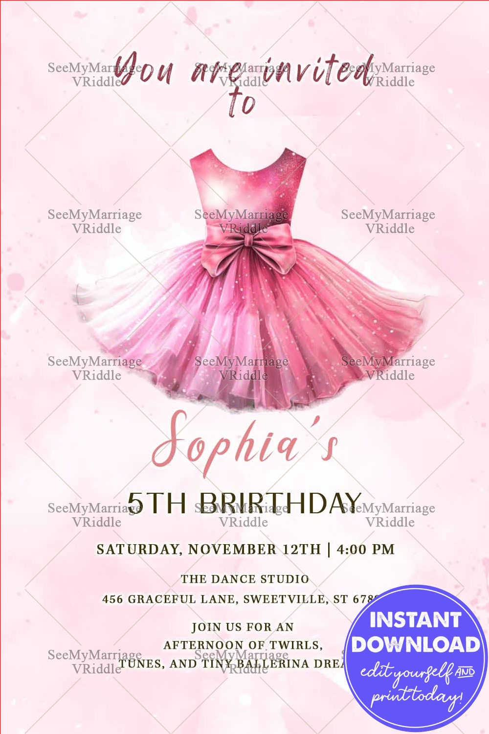 Graceful Ballet-Inspired Birthday Invitation with Pink Gown Illustration for a Little Girl’s