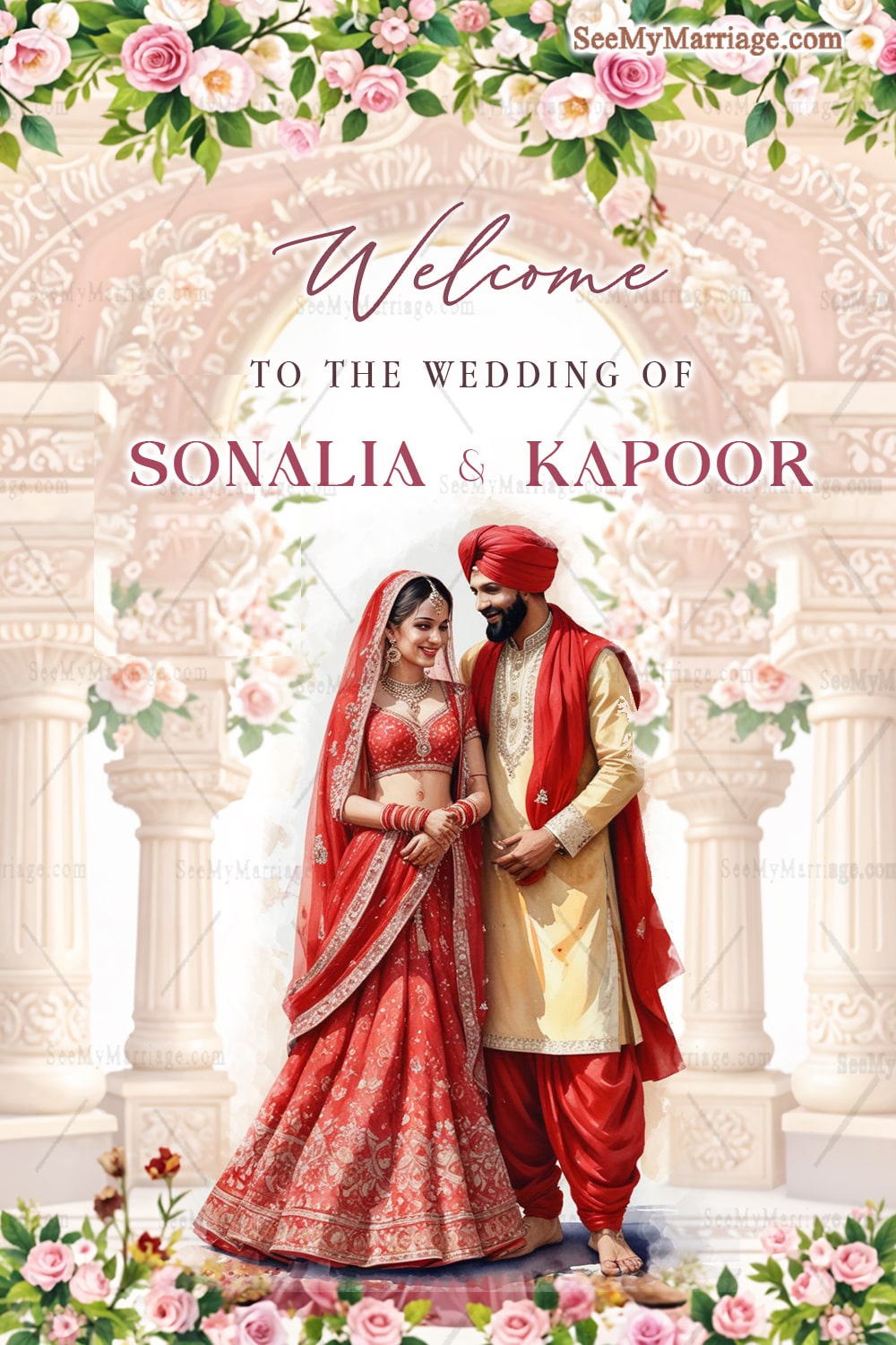 Grand Welcome Sign Boards with Regal Red Punjabi Couple Rose Florals, and Traditional Architecture