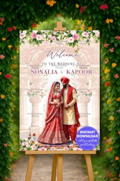 Grand Welcome Sign Boards with Regal Red Punjabi Couple Rose Florals, and Traditional Architecture