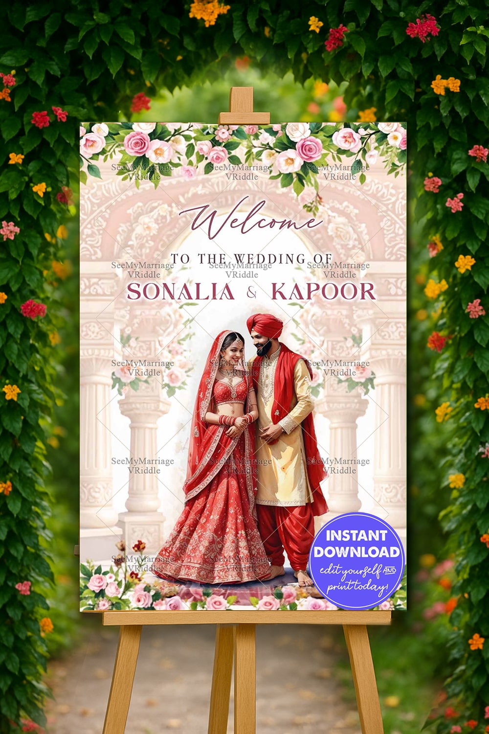 Grand Welcome Sign Boards with Regal Red Punjabi Couple Rose Florals, and Traditional Architecture
