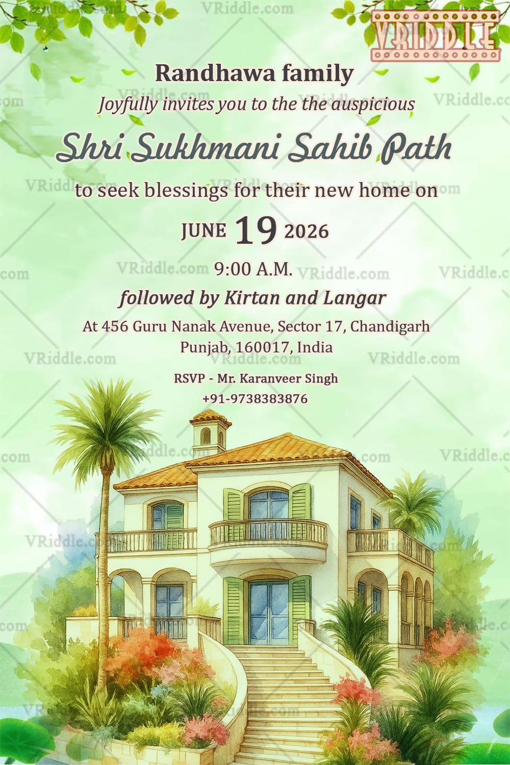 Green Theme Villa Shri Sukhmani Sahib Path Invitation for Housewarming Ceremony with Sikh and Punjabi New House Invitation