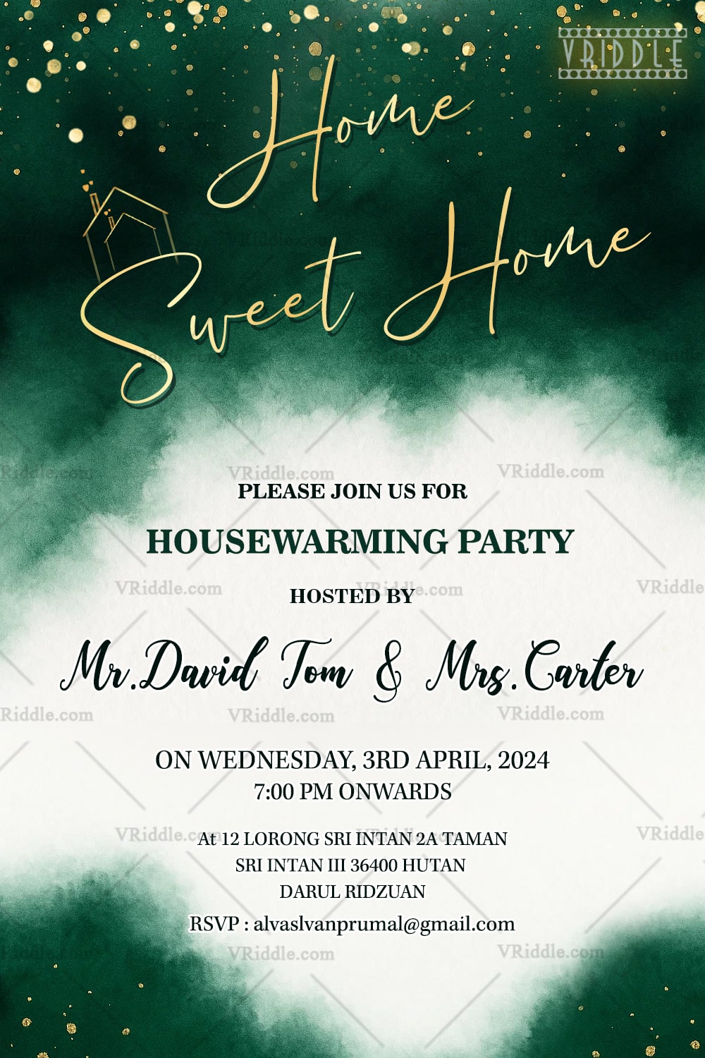 Green Watercolor Housewarming Party Invitation Elegant Splash Theme with Gold Glitter Accents