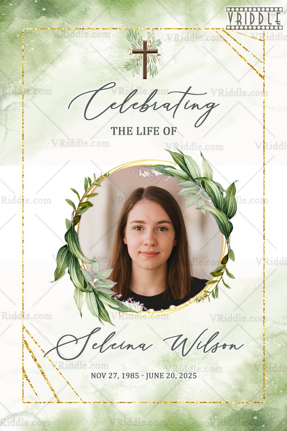 Green Watercolor Memorial Card Design with Photo Option – Elegant Christian Tribute