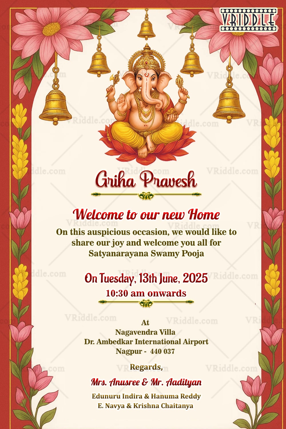 Griha Pravesh Invitation Card with Ganesh and Lotus Elegance in Red and White Background
