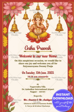 Griha Pravesh Invitation Card with Ganesh and Lotus Elegance in Red and White Background