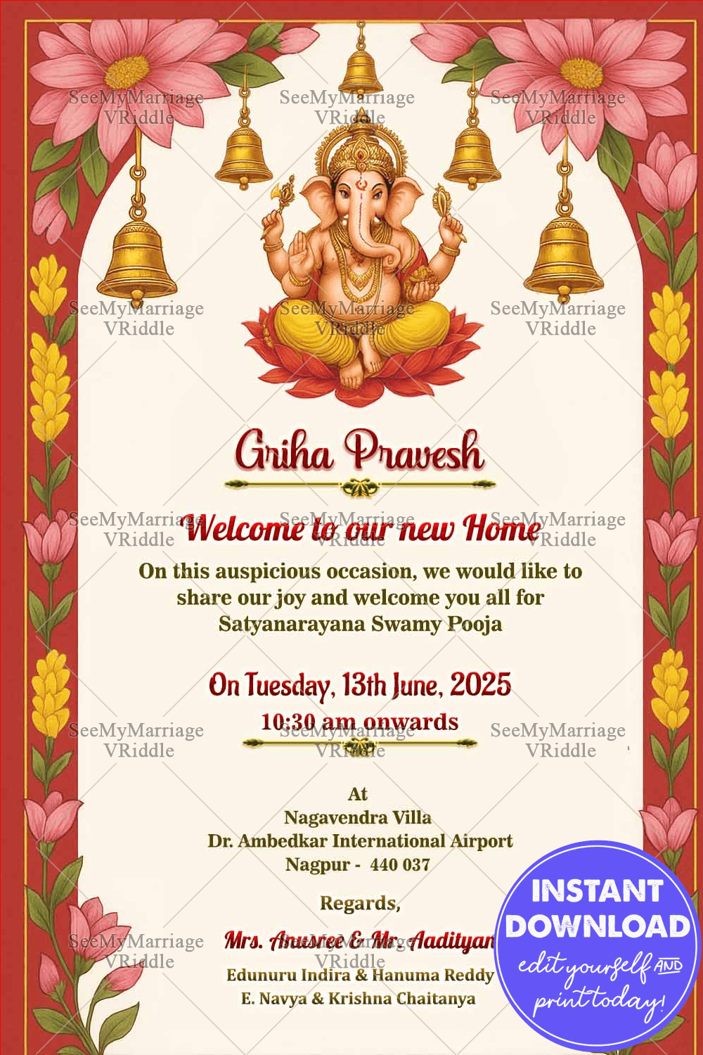Griha Pravesh Invitation Card with Ganesh and Lotus Elegance in Red and White Background