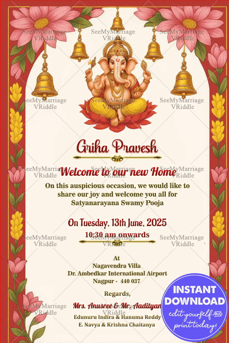 Griha Pravesh Invitation Card with Ganesh and Lotus Elegance in Red and White Background