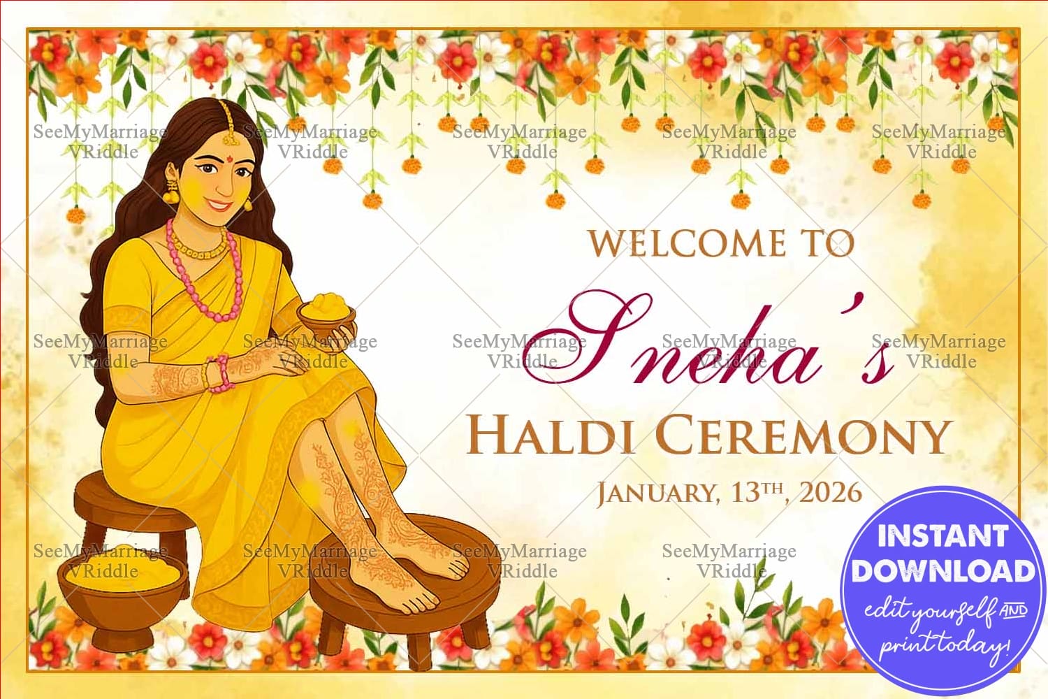 Haldi Bliss Ceremony Welcome Sign Board with Marigold and Floral decorations