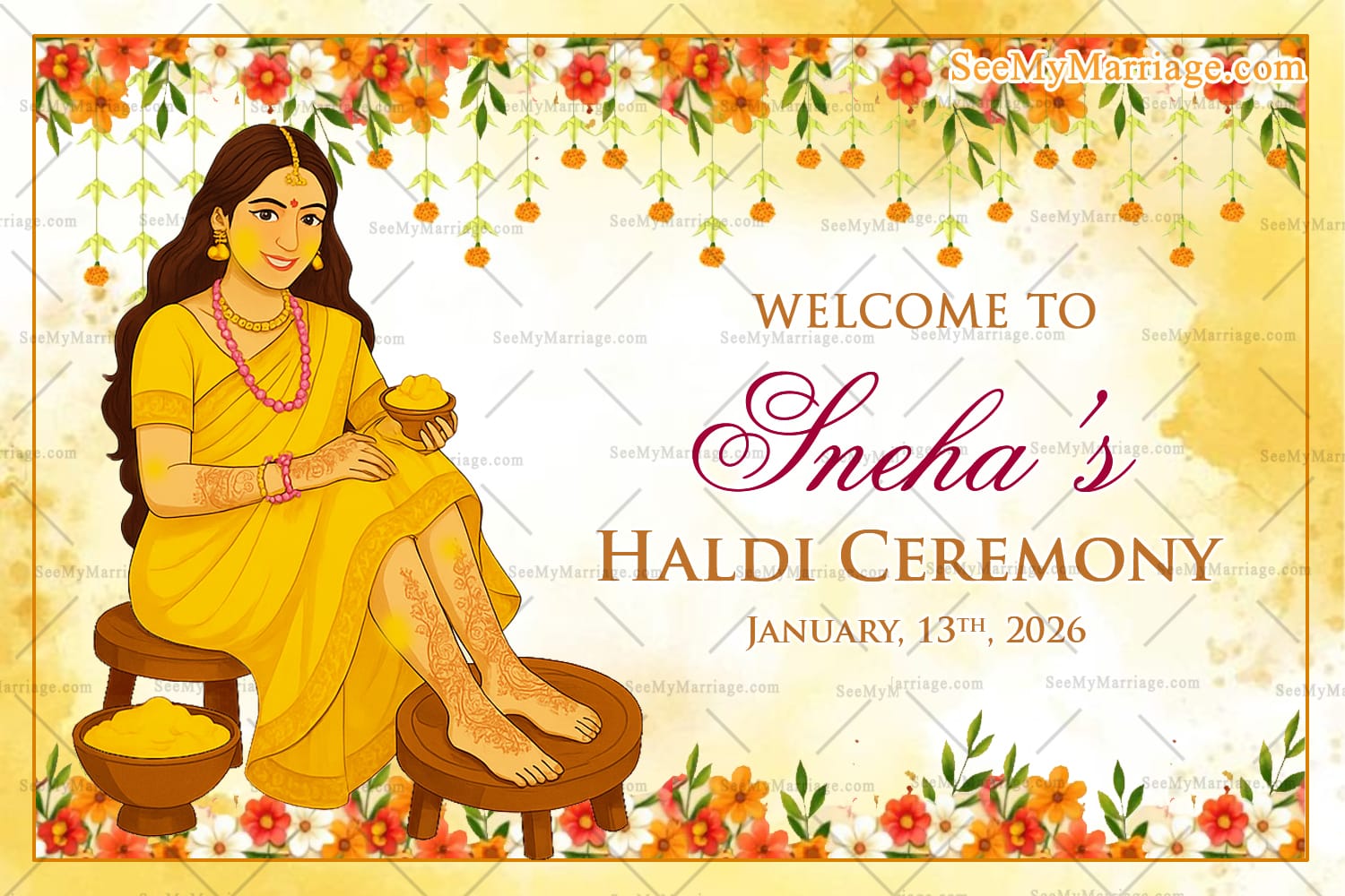Haldi Bliss Ceremony Welcome Sign Board with Marigold and Floral decorations